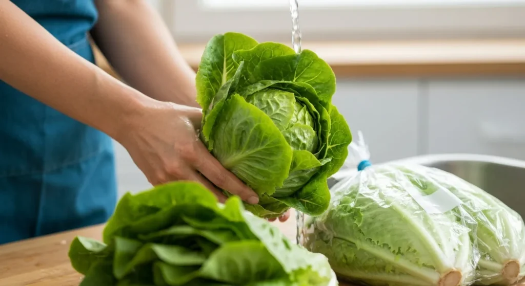 O mână spală o salată verde proaspătă, cu accent pe frunzele verzi vii și textura naturală a legumelor.