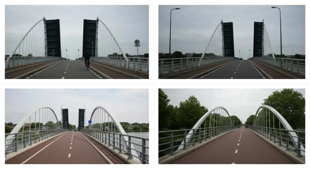 Poduri pentru biciclete în Olanda, arătând designuri diferite care prioritizează bicicliștii și pietonii.