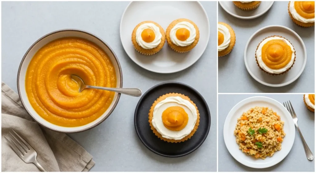 Piure de dovleac butternut într-un bol, lângă diverse preparate culinare: sos, cupcakes, risotto.