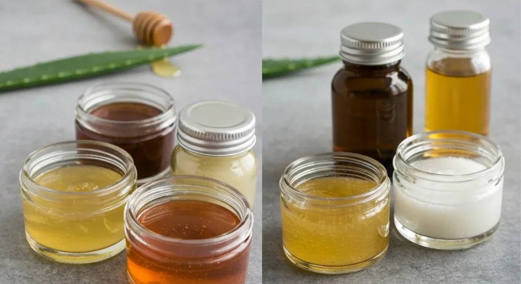 Diverse ingrediente naturale, cum ar fi miere, ulei de măsline și aloe vera, într-un recipient din sticlă, pregătite pentru a fi folosite ca demachiant.