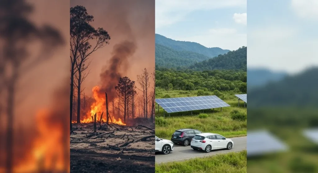 Imaginea prezintă un contrast între o zonă afectată de incendii de vegetație și o scenă cu mașini electrice, plante verzi și panouri solare.