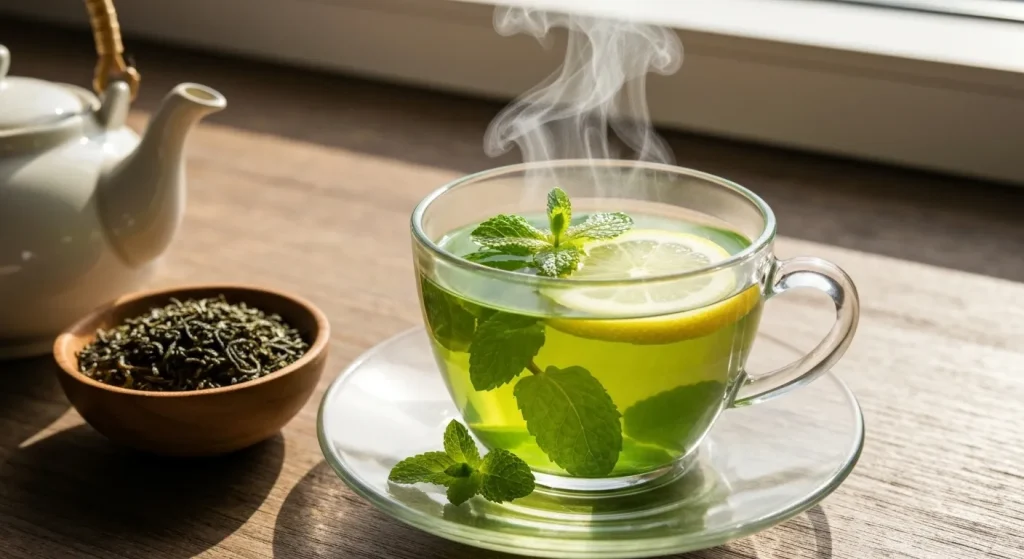 Ceașcă de ceai verde cu mentă și lămâie pe o masă din lemn.