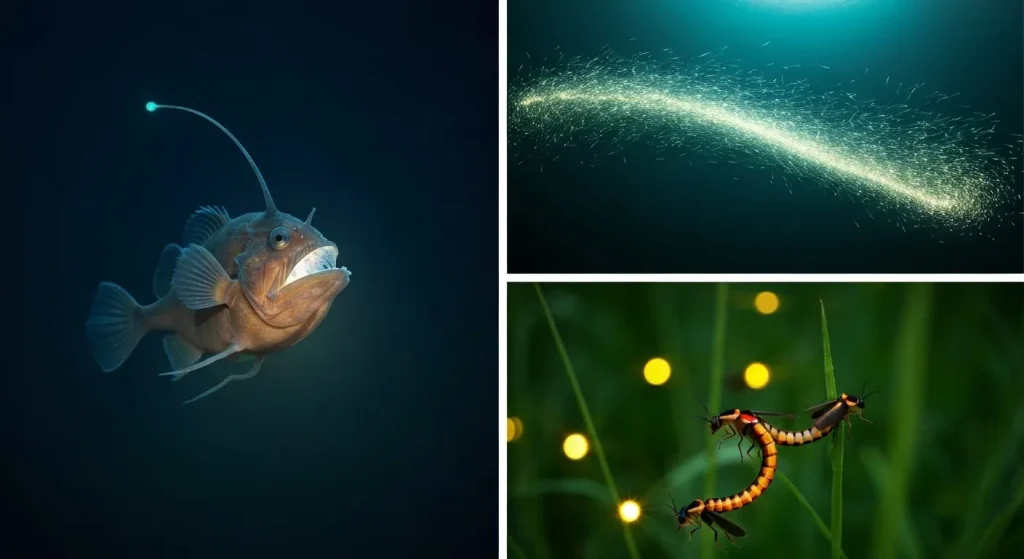 Un pește undițar de adâncime cu o momeală luminescentă, un roi de krill bioluminiscent și licurici care clipesc.