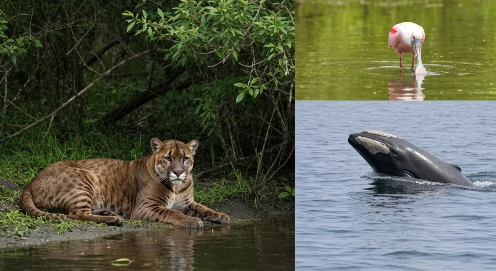 O panteră de Florida, o broască țestoasă gopher, un cocor trompetist, un papagal din Puerto Rico, un lamantin, un cerb Key, o balenă nord-atlantică dreaptă și un lopătar rozaliu, toate specii amenințate din sud-estul Statelor Unite.