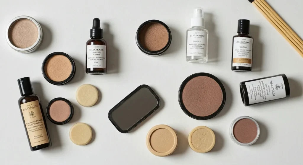 Produse cosmetice ambalate în borcane din sticlă, tuburi din carton compostabil și cutii reîncărcabile din bambus.