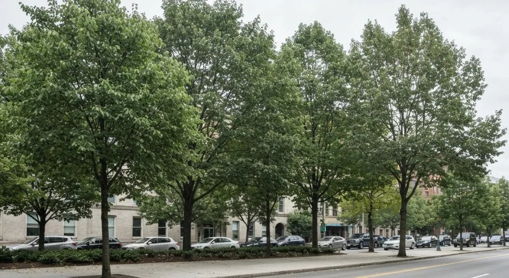 Opt specii de arbori rezistenți, potriviți pentru mediul urban, cu diverse forme și culori ale frunzelor.