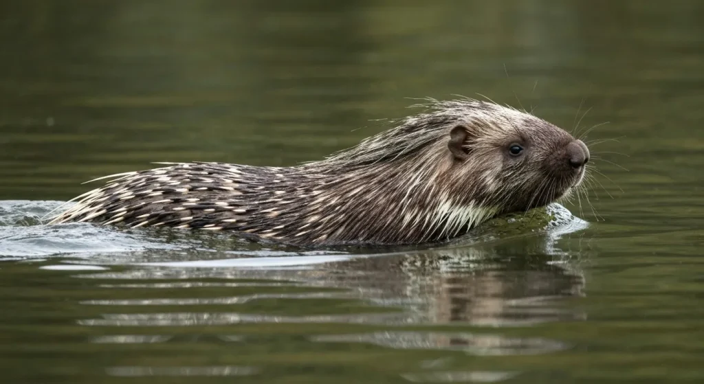 Un porc spinos înoată în apă, țepii săi fiind parțial scufundați.