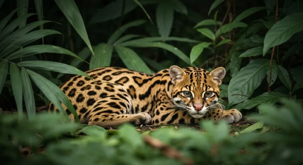 Un ocelot cu blană aurie-maronie și pete distinctive, odihnindu-se în vegetație densă într-o pădure tropicală.