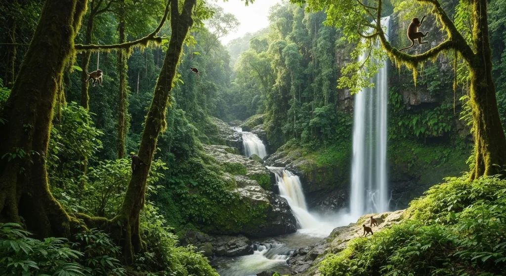 Peisaj de pădure tropicală densă, cu copaci înalți, vegetație luxuriantă și o cascadă.