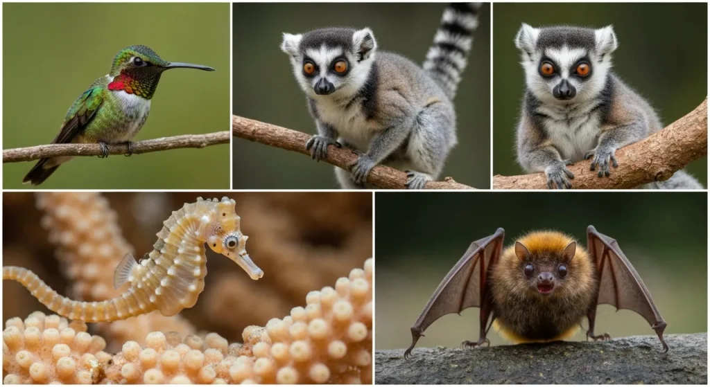Patru animale minuscule: un colibri, un lemur, un cal de mare și un liliac, prezentate în mediile lor naturale.