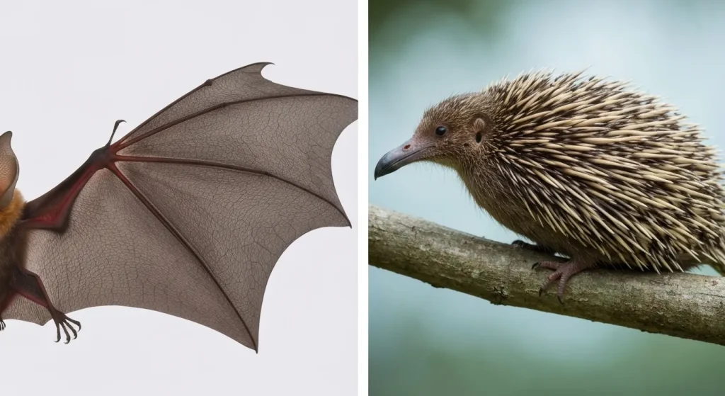 Diverse specii cu caracteristici fizice similare, rezultat al evoluției convergente, ilustrate prin comparații între aripi de pasăre și liliac, corpuri de delfin și rechin, plante carnivore și arici cu echidne.