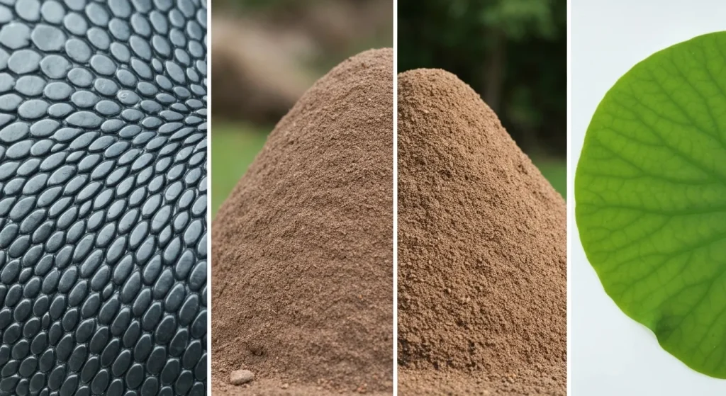 Imagini microscopice ale pielii de rechin, blănii de castor, unui cuib de termite și unei frunze de lotus, ilustrând texturi și structuri.