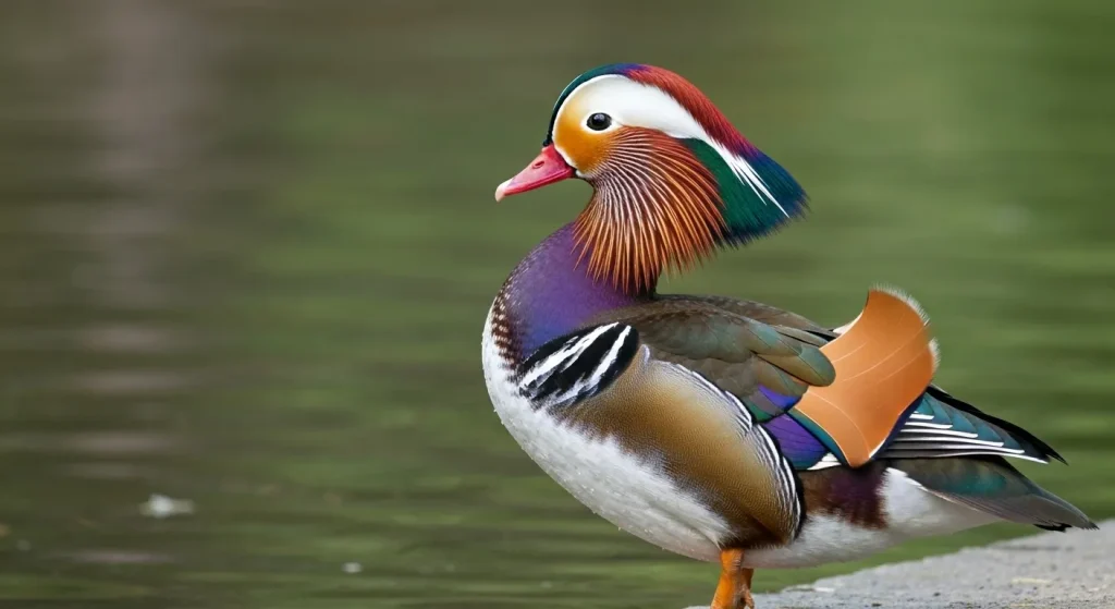 Un mascul de rață mandarin cu penaj viu colorat, lângă apă.