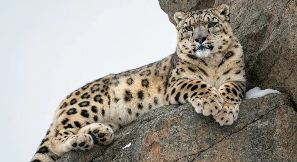 Un leopard de zăpadă cu blană groasă și pestriță, odihnindu-se pe o stâncă înzăpezită.