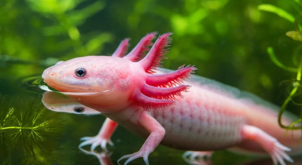 Un axolotl roz cu branhii dantelate, parțial scufundat în apă curată.