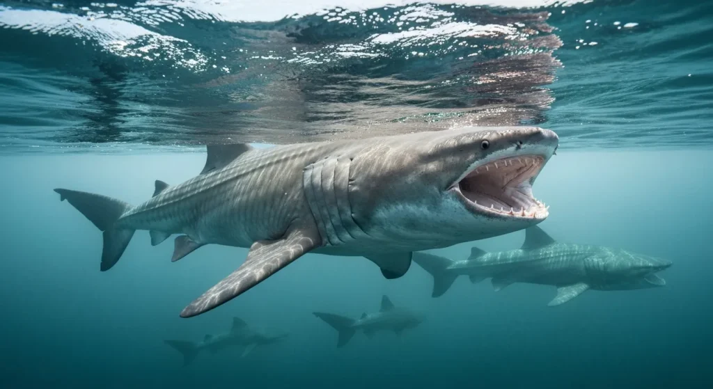 Un rechin pelagic gigant, gri-albăstrui, cu gura larg deschisă, se mișcă lent la suprafața apei.
