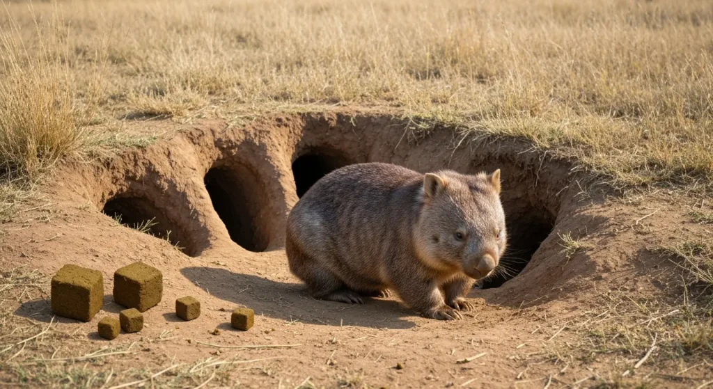 Un wombat cu blană brună, stând lângă intrarea unei vizuini complexe, cu excremente cubice în apropiere.