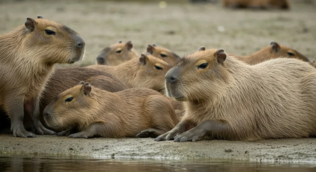O capibara, cea mai mare rozătoare din lume, stă lângă apă, cu labele parțial palmate vizibile.