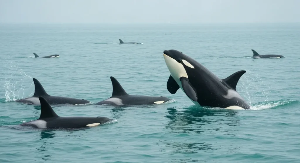 Un grup de orci înoată în ocean, evidențiind contrastul dintre culorile alb și negru ale corpurilor lor.