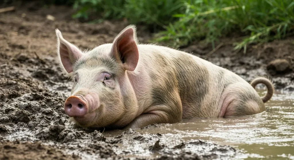 Un porc se răcorește rostogolindu-se în noroi.