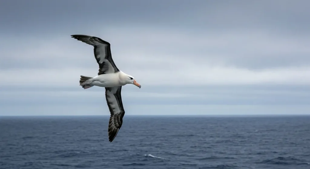 Un albatros cu anvergura aripilor mari planează deasupra unui ocean vast.