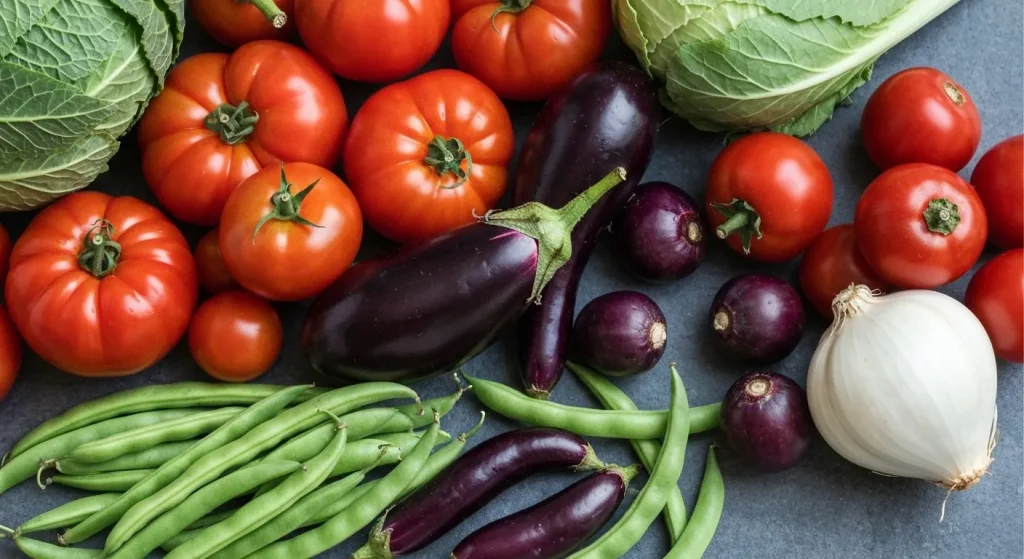 Aranjament culinar cu roșii, vinete, dovlecei, castraveți, fasole verde, bame și ardei, evidențiind culorile și texturile lor.