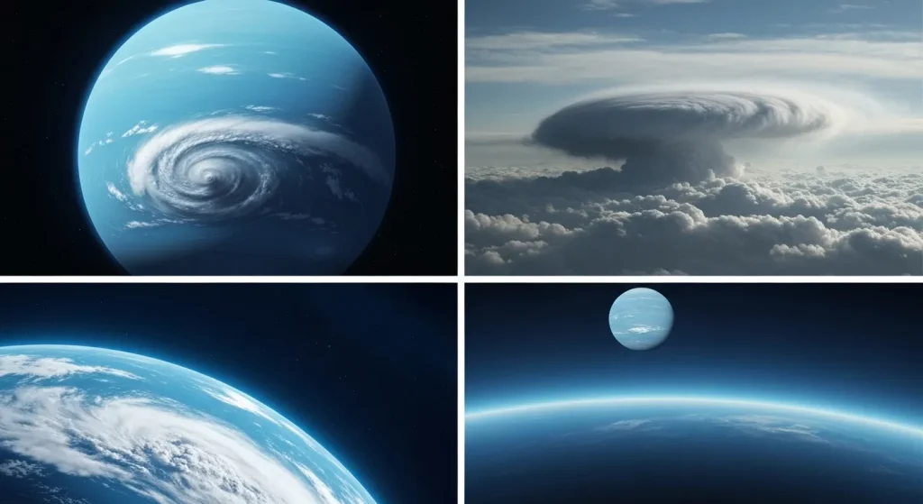 Imagine a lui Neptun, prezentând atmosfera sa dinamică cu nori, furtuni mari și culori intense de albastru.