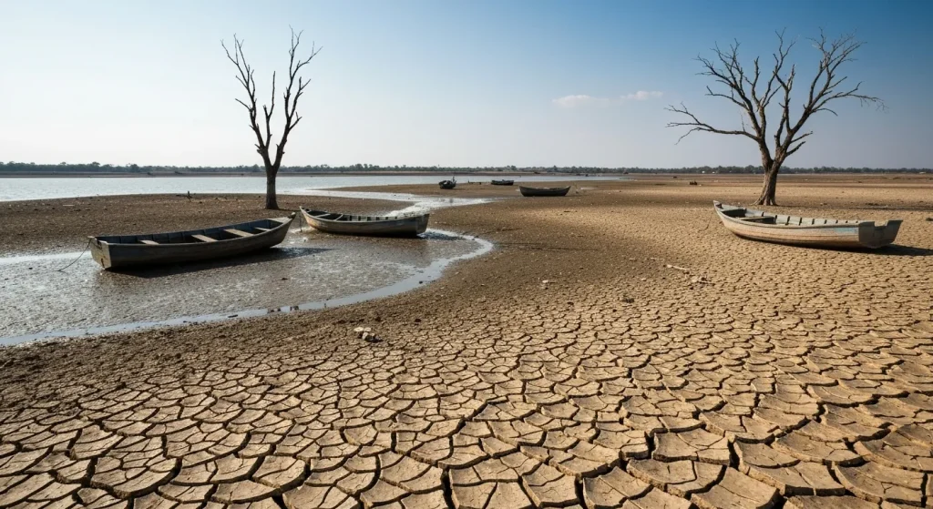 O imagine a unui lac secat, cu o barcă de pescuit abandonată pe malul uscat și pământ crăpat.