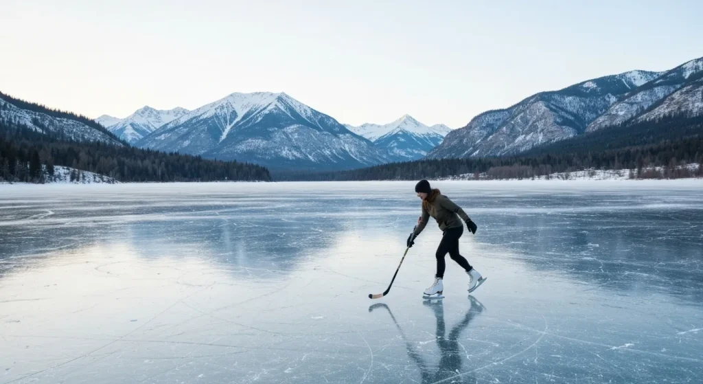 Un lac înghețat, curat, cu munți în fundal și câteva persoane care patinează.