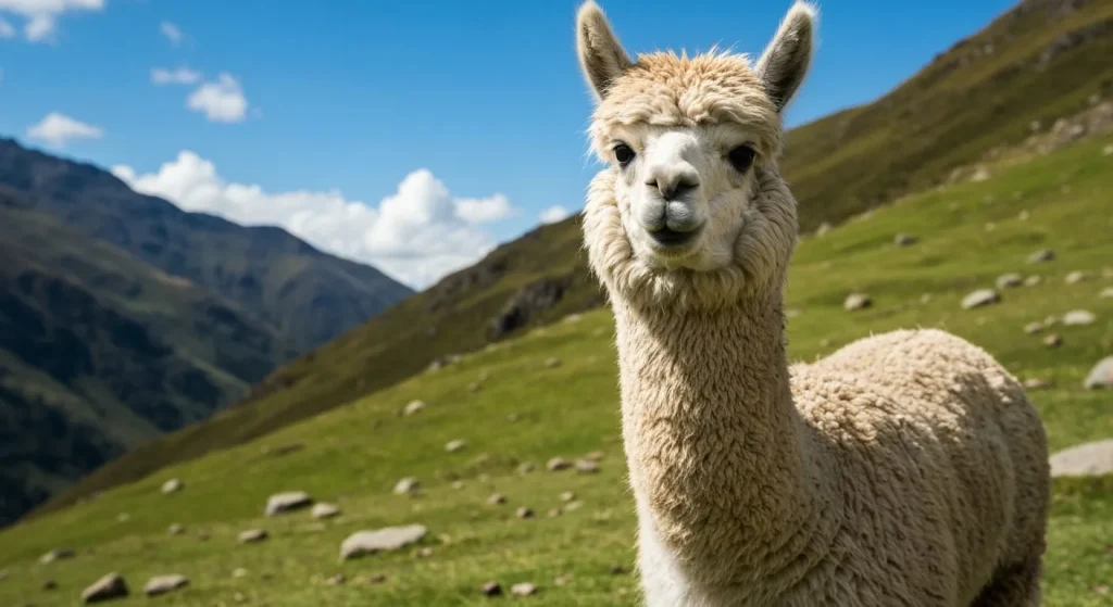 O alpacă cu blană lungă și pufoasă stă într-un peisaj muntos.
