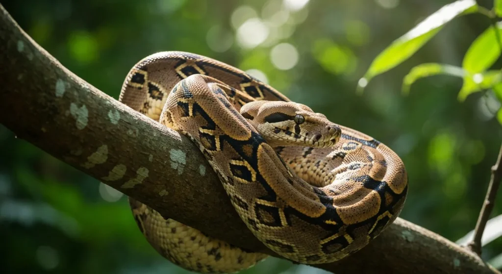 Un boa constrictor mare, maro și bej, înfășurat în jurul unei ramuri de copac într-o pădure tropicală.