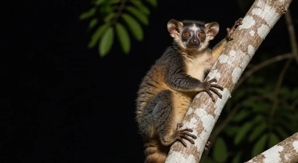 Lemur aye-aye nocturn, cu ochi mari, urechi mari, și coadă stufoasă, agățat de o ramură de copac.