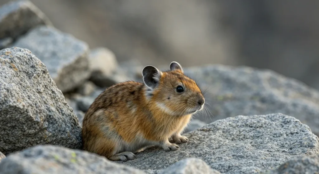 O pika americană, mică și de culoare maronie, stă pe o stâncă gri într-un peisaj montan.