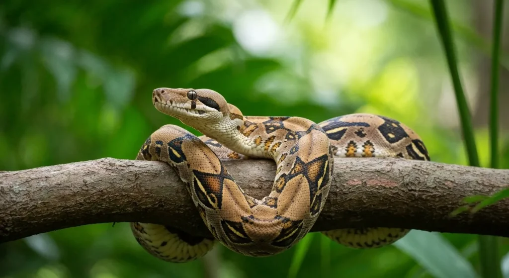 Un boa constrictor mare, înfășurat în jurul unei ramuri de copac într-o pădure tropicală.