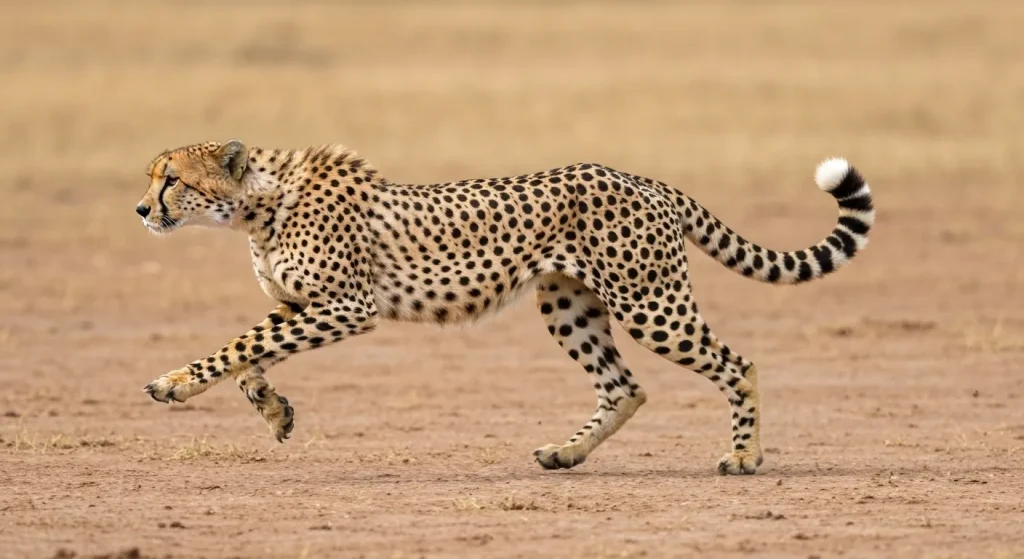 Un ghepard cu blană pătată aleargă prin savană, coada sa acționând ca un balansier.