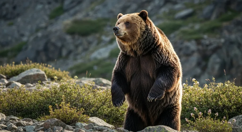 Urs grizzly mare, cu cocoașă pronunțată, stând pe picioarele din spate într-un peisaj montan stâncos.