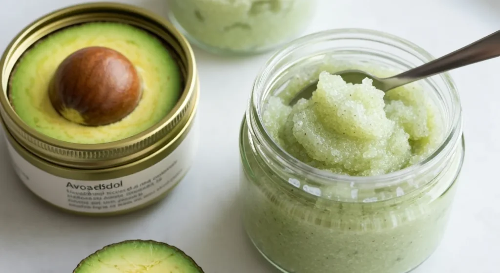 Un borcan cu un amestec de zahăr brun și ulei de avocado, folosit ca exfoliant.