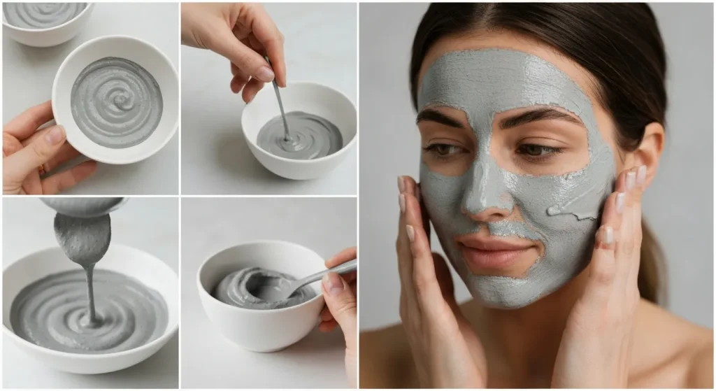 O femeie aplică o mască facială din pastă de argilă bentonită pe fața ei.