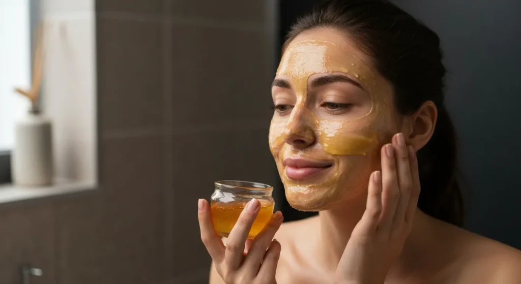 O femeie aplică o mască facială cu miere pe față, într-o baie relaxantă.