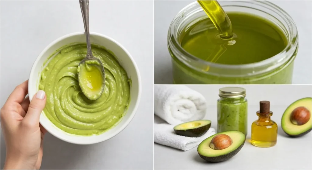 Un bol cu pastă de avocado, ulei de avocado, zahăr brun și alte ingrediente pentru o mască facială și un scrub de casă.
