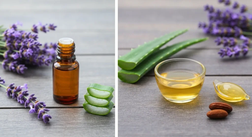 Ulei esențial de lavandă în sticlă mică, lângă plante de lavandă și alte ingrediente naturale pentru îngrijirea pielii.