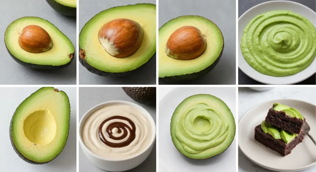 Avocado-uri coapte și rețete diverse cu avocado, inclusiv deserturi și produse cosmetice.