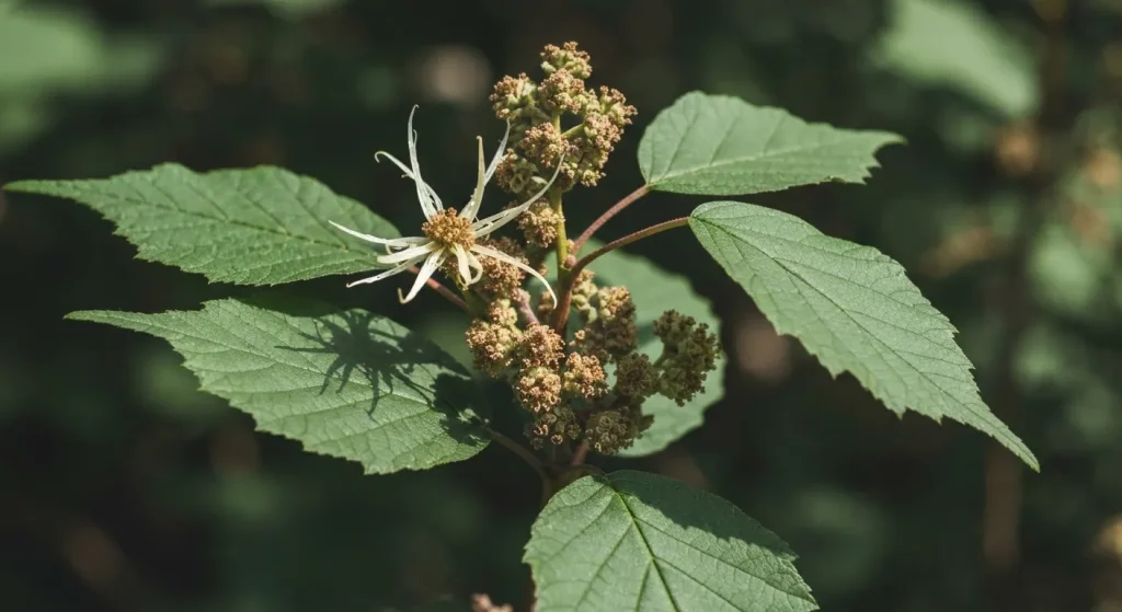 Frunze și scoarță de hamamelis, un arbust cu flori, într-un cadru natural.