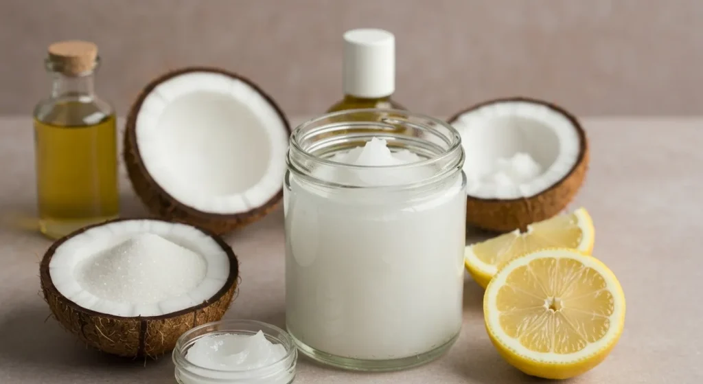 Un borcan de ulei de cocos, alături de ingrediente pentru prepararea unor produse cosmetice naturale.