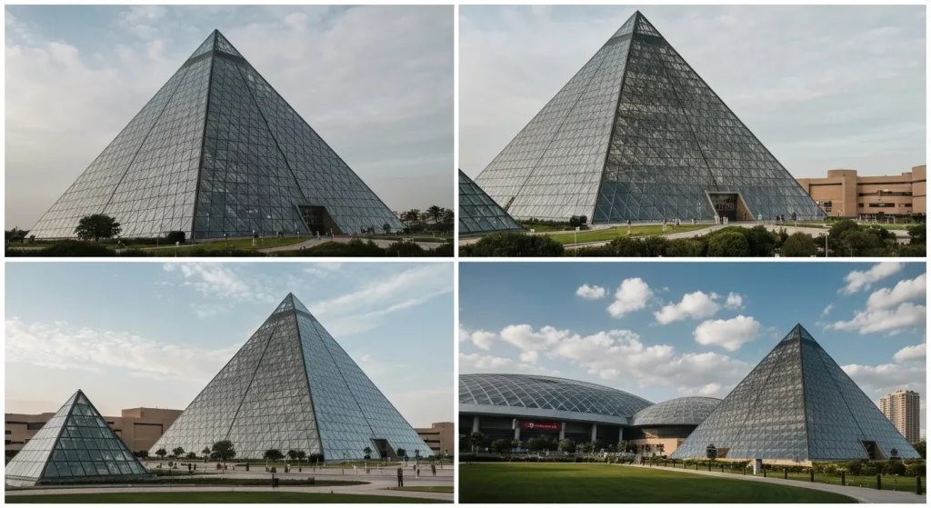 O imagine a unei piramide moderne din sticlă și oțel, utilizată ca centru comercial sau arenă sportivă.