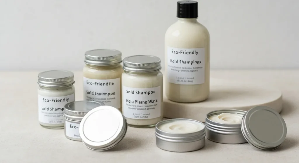 Diverse produse cosmetice naturale cu ambalaje sustenabile: loțiuni în borcane de sticlă, șampoane solide, creme în cutii metalice.