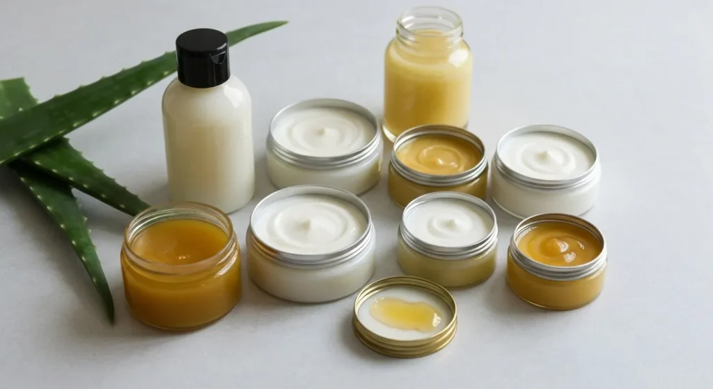 Diverse creme hidratante naturale preparate acasă, aranjate în recipiente diverse.