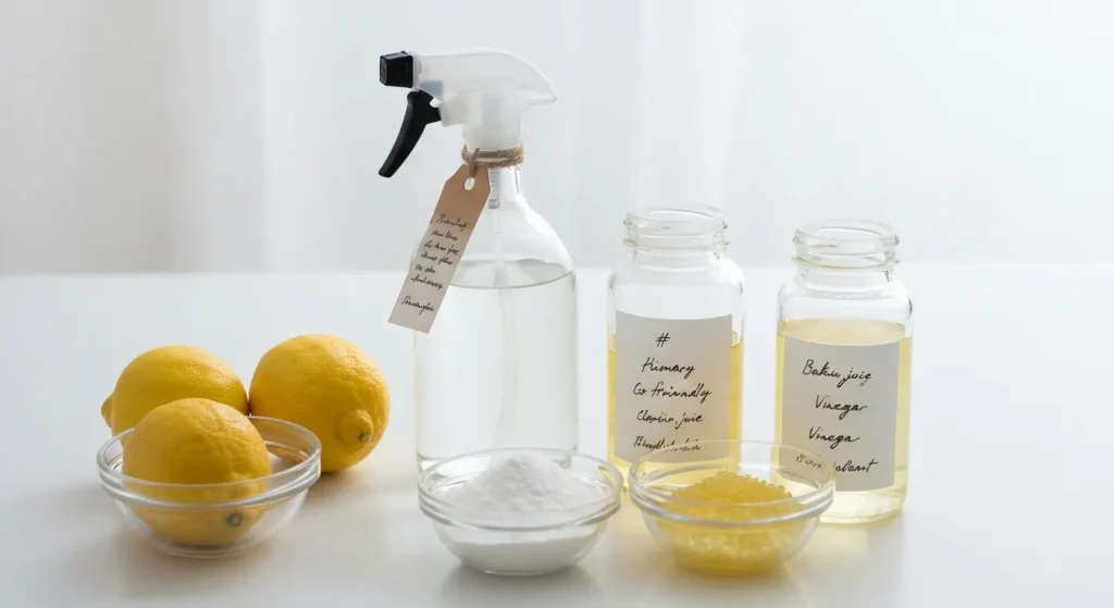 Sticlă pulverizator cu lichid transparent, recipiente cu bicarbonat de sodiu, suc de lămâie și oțet, etichete scrise de mână.