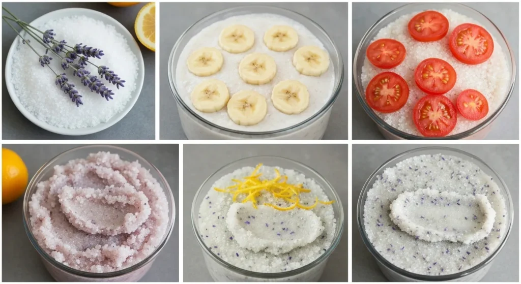 Un prim-plan al unui scrub de casă din zahăr brun și o felie de banană zdrobită.