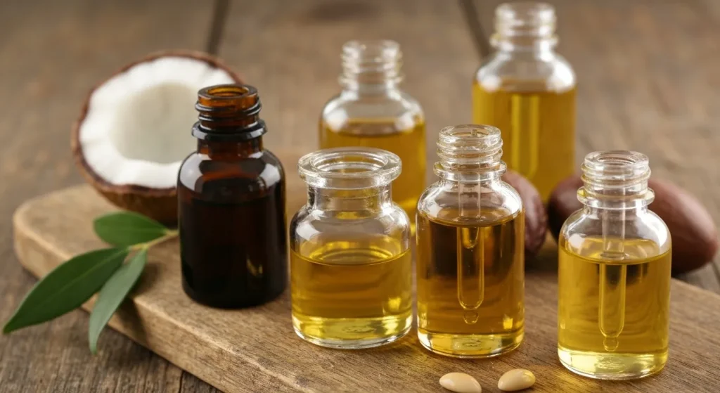 Sticluțe mici cu uleiuri naturale de cocos, măsline, argan și marula, așezate pe o suprafață din lemn.